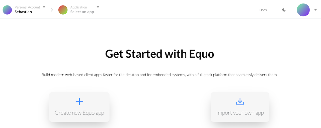 Creating a new application from the Equo Dashboard.
