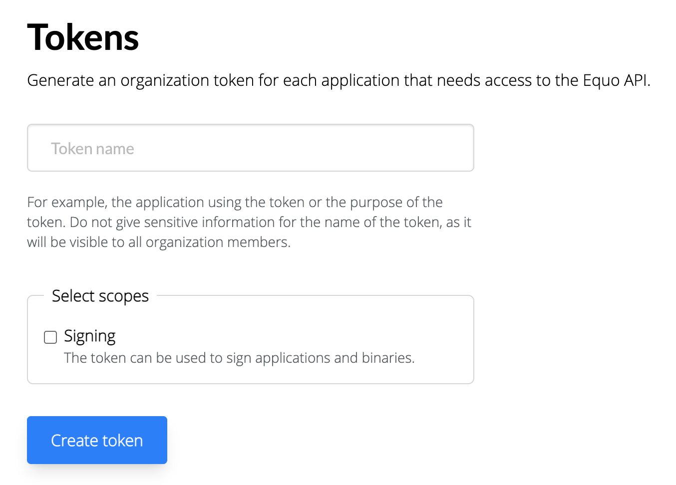 UI for creating an organization token.
